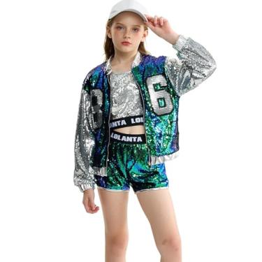 Imagem de LOLANTA Fantasia de jazz para meninas brilhantes fantasias de dança infantil com lantejoulas cropped jaqueta shorts roupas para meninas adolescentes (verde, 12-14)