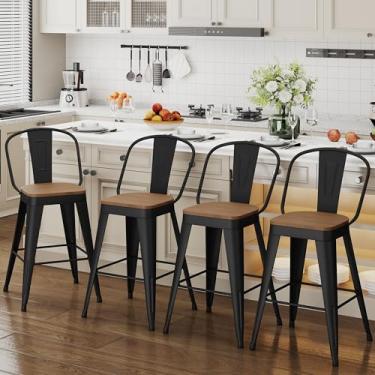 Imagem de ALISH Conjunto de 4 bancos de bar de 61 cm, bancos de bar industriais de metal com encosto alto e cadeiras grandes de madeira para ilha de cozinha (61 cm, preto)