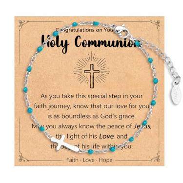 Imagem de IKIATY Pulseira de cruz para meninas, cesta de Páscoa para adolescentes, meninas, confirmação de batismo, primeira comunhão, joias cristãs de Páscoa, presentes, First Communion Gifts, Aço inoxidável,