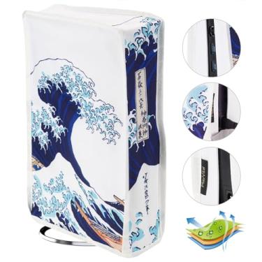 Imagem de playvital Capa anti-pó vertical para ps5 Slim Disc edição (o novo design menor) protetor de nylon à prova de pó capa impermeável para ps5 slim consola acessórios (a grande onda)