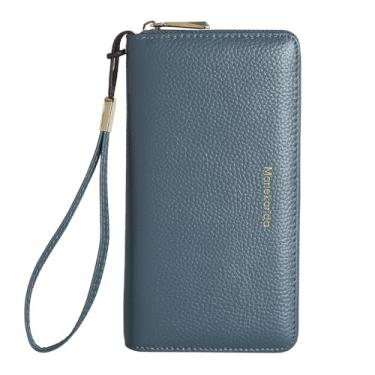 Imagem de Carteira feminina de couro RFID longa, capa de telefone com vários compartimentos de grande capacidade, fecho de zíper, alça de pulso removível, carteira portátil, Azul claro, Estilo elegante