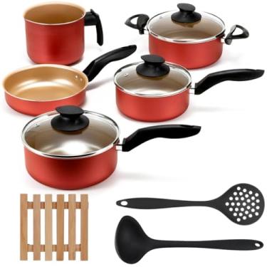 Imagem de Jogo de Panelas 05 Peças Antiaderentes C/Tampas de Vidro + 05 Descansos Quadrados + Concha e Escumadeira Preta