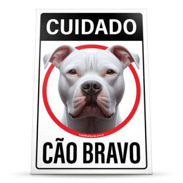 Imagem de Placa Aviso Cuidado Pitbull Branco Cão Bravo Segurança 20x30cm Cachorr
