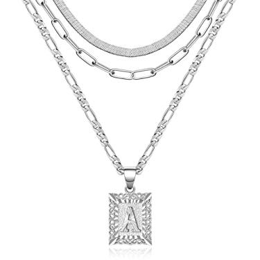 Imagem de KissYan Conjunto de colar em camadas de ouro para meninas, colar com pingente de letra inicial folheada a ouro 14K Gargantilha de cobra Alfabetos de corrente A-Z Fígaro corrente colar joias presente, Latão, Zircônia cúbica