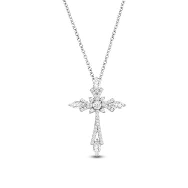 Imagem de Jewelili Colar feminino com pingente de cruz de placa de prata fina | Colar de zircônia cúbica marquesa e corte redondo para mulheres, presente para ela, Banhado a prata sobre latão, Zircônia cúbica