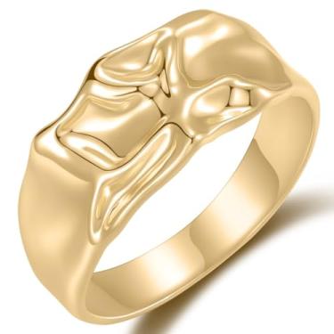 Imagem de Anel de pepita de ouro para mulheres | Banda larga ondulada texturizada | Cascas de dedo grande marteladas banhadas a ouro 18K, 8, Latão, Sem Pedra Preciosa