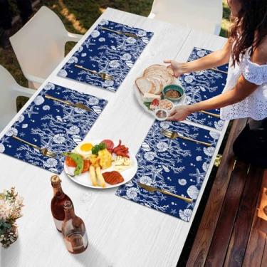 Imagem de Conjunto de 6 jogos americanos de mesa, concha de estrela do mar coral oceano em azul marinho lavável à prova de calor, concha de vida marinha branca de linho para cozinha, jantar, férias, festas