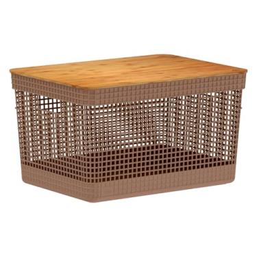 Imagem de Cesto Organizador Grid Com Tampa De Bambu 20 Litros Grande Escritório Multiuso