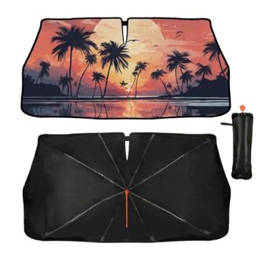Imagem de Guarda-sol para para-brisa de carro oceano, guarda-sol para a maioria dos veículos, pôr do sol atualizado e árvore dobrável para guarda-sol para carro, proteção contra raios UV e viseira de sol de