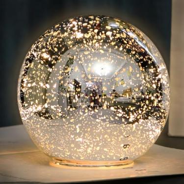 Imagem de Luminária de mesa iluminada com bola de vidro mercúrio, esfera de vidro sem fio prata bola de decoração de Natal globo de luz LED, luz noturna de vidro com esfera operada por bateria moderna para