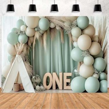 Imagem de Tenda de festa de 1º aniversário, boho, pano de fundo verde, estilo boêmio, 1º aniversário, primeiro ano de idade, decoração de festa de aniversário, pano de fundo para chá de bebê (A, 2,1 x 1,5 m)