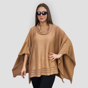 Imagem de Poncho Feminino Tricô Lã Gola Alta Quente Inverno Estilo - GIP, Nude, 