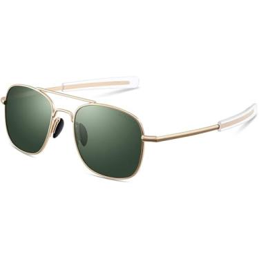 Imagem de Óculos de sol aviador masculino 53 mm TAC lentes polarizadas estilo militar armação de metal com hastes baioneta, Armação dourada, lente verde-escura