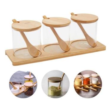 Imagem de Kit 3 Potes Vidro para Condimentos com Colheres e Suporte Bambu  Organ