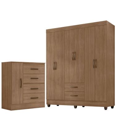 Imagem de Kit Guarda-roupa Casal 6 Portas E Cômoda Sapateira 1 Porta Lisa Carvalho Oak