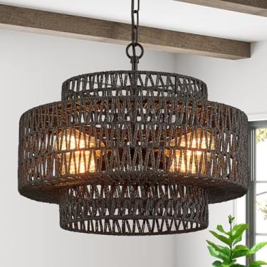 Imagem de Widluth Lustre Vintage De Vime Trançado À Mão, 4 Luzes, Estilo Fazenda, 17,7", Boho, Bambu, Luminária Retrô, 3 Níveis, Tambor Vime, Preto, Para Sala Jantar, Cozinha, Quarto, Hall Entrada