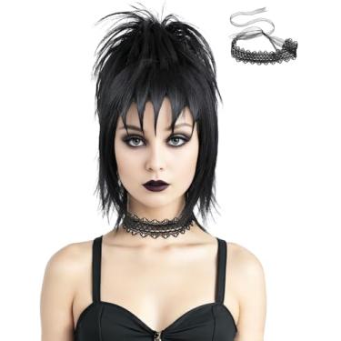Imagem de AMZCOS Peruca Curta Preta Para Cosplay Com Coques Cacheados E Acessórios Gargantilha – De Cabelo Sintético Resistente Ao Calor Franja Fantasia Bruxa Gótica