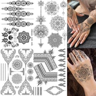 Imagem de Goromon 4 Folhas De Tatuagens Temporárias Vintage Indianas, Renda Sexy, Mandala Preta, Flor, Para Mulheres, Mãos, Dedos, Meninas, Adultos, Conjuntos, Kits, Joias Falsas, Adesivos Tatuagem, Estênceis