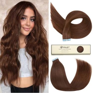Imagem de TANJET Extensões De Cabelo Com Fita Adesiva 20" Remy Liso - Castanho Chocolate, Trama Invisível, Sem Costura, Humano (#4, 20 Unidades, 50G/Pacote)