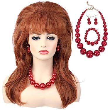 Imagem de AMZCOS Peruca Feminina Estilo Colmeia Dos Anos 80 Da Com Colar De Pérolas Grandes, Pulseira E Brincos, Longa, Ondulada, Ruiva, Bufante, Sintética, Para Dona Casa Casada, Grande, Vermelha, Vintage, C