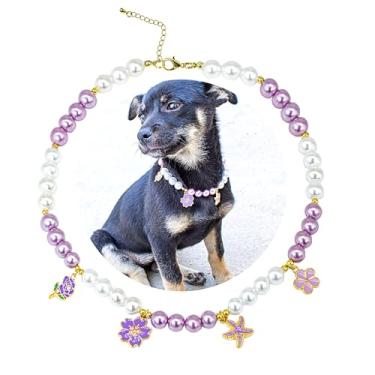 Imagem de SM4BED Colar de pérolas com coleira de cachorro, contas brancas e roxas com pingente de estrela do mar, joia ajustável para animais de estimação para cães grandes, GG 43 cm