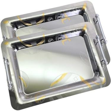 Imagem de Maro Megastore (pacote com 4) 49,5 cm x 36,8 cm, forma floral, estilo antigo decorativo, bandeja espelhada, bandeja de servir de casamento, aniversário, bufê, sobremesa, arte alimentar, decoração, festa, vinho, prato TLA-158