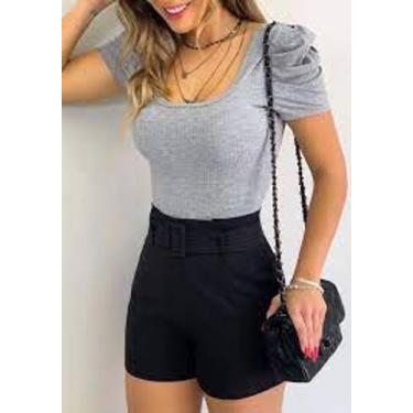 Imagem de Body feminino manga princesa bufante malha canelada com bojo manga cur