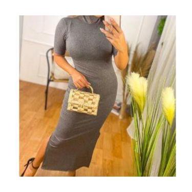 Imagem de Vestido longo manga curta gola alta - Filó Modas, P, Bordô