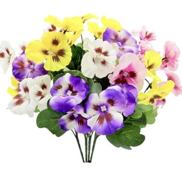 Imagem de LILOCOO 4 peças flores de amor-perfeito de seda artificial, flores de primavera, amores-perfeitos, flores silvestres, plantas resistentes a UV, impacientes falsos para janela, festa de casamento
