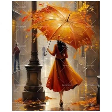 Imagem de TAOPAOLAB Kit de pintura de outono por números para adultos - DIY mulher com pintura de guarda-chuva em tela 40,6 x 50,8 cm, conjunto de tinta acrílica, adequado para iniciantes, arte romântica para