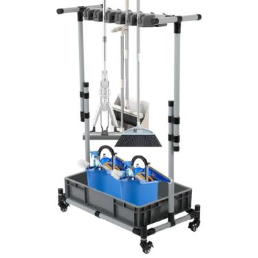 Imagem de FAHKNS Suporte de vassoura e esfregão para armazenamento de ferramentas de limpeza móvel, armazenamento de carrinho de ferramentas de limpeza de chão para garagem, escolas, hospitais