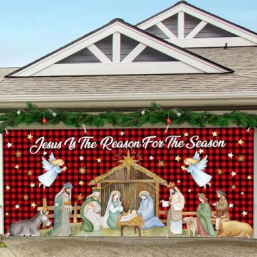 Imagem de Tingjoo Capa de banner de porta de garagem de Natal presépio de 4,9 x 2,1 m Decorações grandes de Natal para porta de garagem Jesus is the reason for the season fundo xadrez de búfalo vermelho para