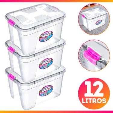 Imagem de Kit 3 Caixa Organizadora Container 12 Litros C/ Tampa e Trava - Uninje