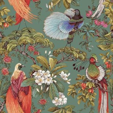 Imagem de VEELIKE Papel de parede oriental pássaro descascar e colar papel de parede floral verde vintage para quarto banheiro 43 cm x 395 cm papel de parede chinês removível autoadesivo papel de contato verde