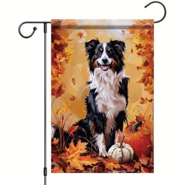 Imagem de Starlit Patio Bandeira de jardim de outono de ação de graças bandeira de cão pastor australiano 30,5 x 45,7 cm bandeira dupla face folha de abóbora jardim outono decoração ao ar livre para varanda