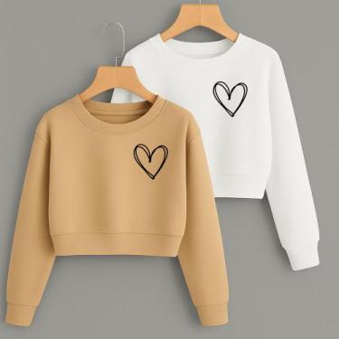 Imagem de Kit com 2 Cropped Moletom Estampa Corações Linhas Fofo Feminino Invern