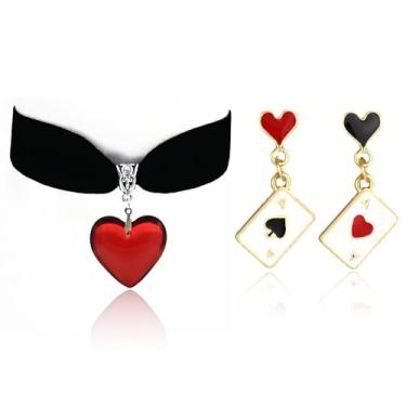 Imagem de LANWLOSI Conjunto de brincos de colar Rainha de Copas para mulheres, coração vermelho, gargantilha preta, brincos delicados de cartas de baralho coração vermelho Ace Poker Card Earrings Queen of
