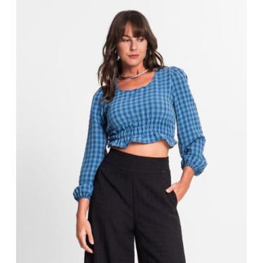 Imagem de Blusa Manga Longa Feminina Xadrez Endless Azul, G, Azul