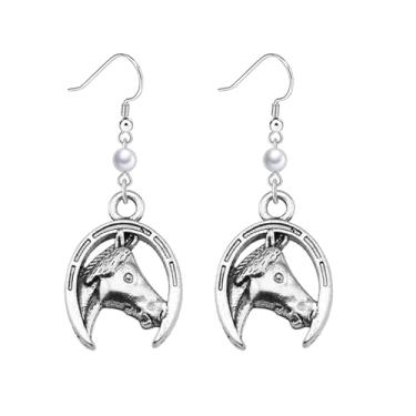 Imagem de Dreuyet Wrangler Brincos de pérola ocidental rústica Couture brincos em forma de ferradura em forma de U brincos pendentes country concho brincos chapéu bota brincos declaração joias para mulheres,