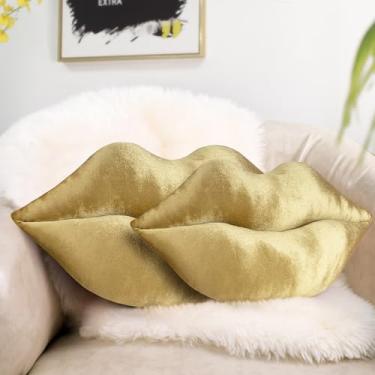 Imagem de AELS Travesseiros de lábios grandes 3D, conjunto de 2, almofadas decorativas macias do amor, almofada fofa de veludo para sofá, cama, sala de estar, quarto, ouro bronze