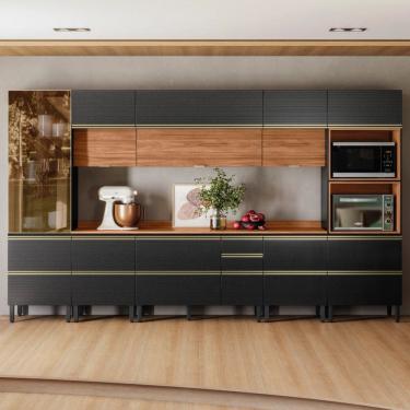 Imagem de Cozinha Completa Proença 12 Portas 9 Gavetas com Vidro Dp3701mf Nogueira/Carbono Prime Tx - Demóbile