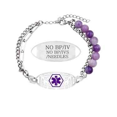 Imagem de Oneress Pulseira impermeável de alerta médico, contas de pedra ajustável com etiqueta de aço inoxidável, joias para diabéticos, pulseiras de alerta Eliquis para mulheres YA5493, Personalized ICE
