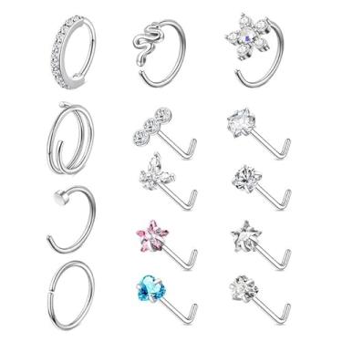 Imagem de Bautidots 14 peças piercing de nariz 20G 18G piercing de nariz de aço inoxidável CZ L S piercing de nariz piercing de narina joias para mulheres homens prata ouro, Aço inoxidável, Zircônia cúbica
