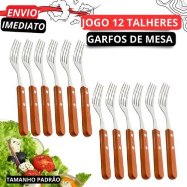 Imagem de Jogo Kit 12 Garfos Cabo Madeira- Talheres em Aço INOX Alta Qualidade P