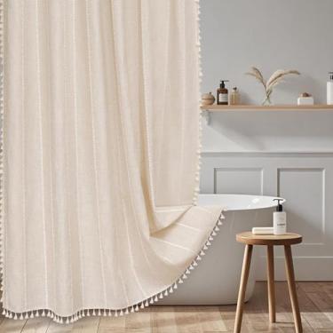 Imagem de Seenus Cortina de chuveiro de tecido Boho Farmhouse com borlas - Cortina de chuveiro de banheiro de mistura de linho pesado repelente de água, design listrado rústico vintage 182 x 182 cm, creme/bege