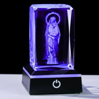 Imagem de Movdyka Estátua da Virgem Maria Luz Noturna – Cubo de Cristal 3D Gravado a Laser Madona e Criança com Base de LED que muda de cor | Presentes católicos para mulheres e homens