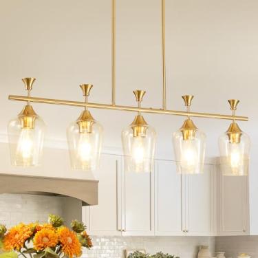 Imagem de UnicozoHome Luminária/Lustre De Mesa Para Sala Jantar, Iluminação Ilha Cozinha Com 5 Luzes Suspensas Lustres Lineares Estilo Fazenda, Luminárias Pendentes Teto Douradas Modernas, Cúpula Vidro Transp