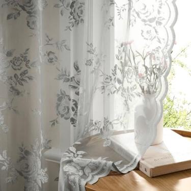 Imagem de Cortinas de renda cinza 153 cm de comprimento, floral, cortinas transparentes para quarto, sala de estar, vintage, cinza, conjunto de 2 painéis, bolso para varão, filtro de luz, cortinas de janela