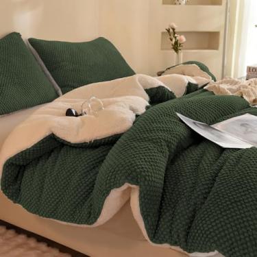 Imagem de LLanCL Conjunto de edredom com design de jacquard 3D, ultramacio, quente, de pele de ovelha, 3 peças, roupa de cama luxuosa aconchegante com 2 fronhas (264 x 228 cm, verde escuro)