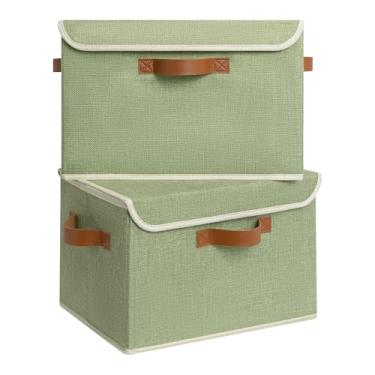 Imagem de GRANNY SAYS Caixas de armazenamento de tecido com tampas, caixas de armazenamento decorativas, caixa de memória de lembrança, cestas de prateleira para armário, verde, grande, pacote com 2